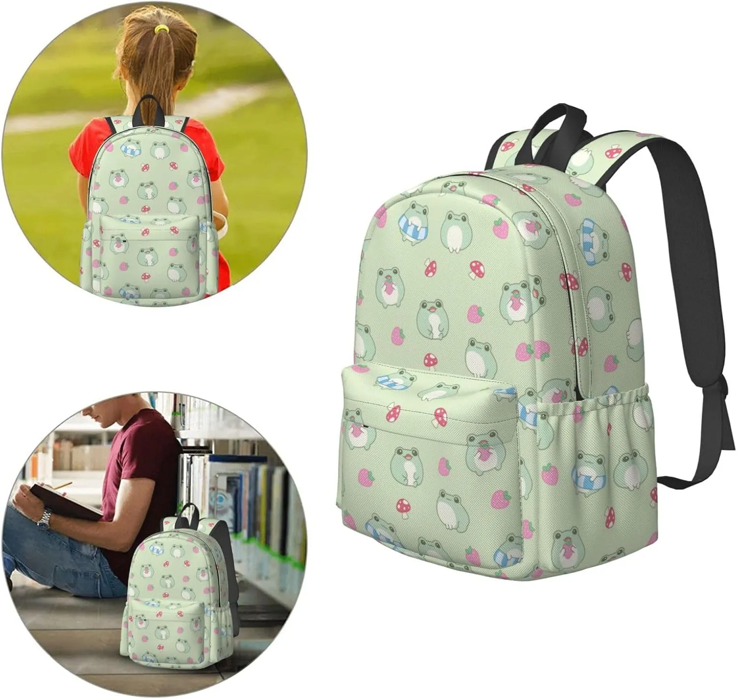 17 inch Backpack Lovely Frog Cute Strawberry Laptop Backpack School Bookbag Shoulder Bag Casual Daypack
