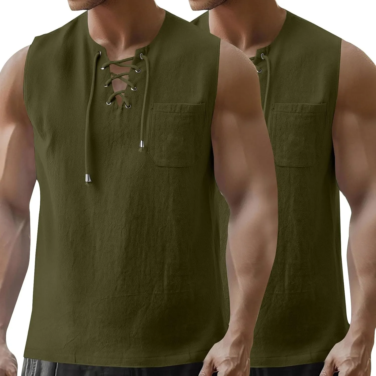 2 Pack Linen Shirts for Men Sleeveless Lace Up V Neck Tank Tops with Chest Pocket Casual Summer Beach Henley Shirt