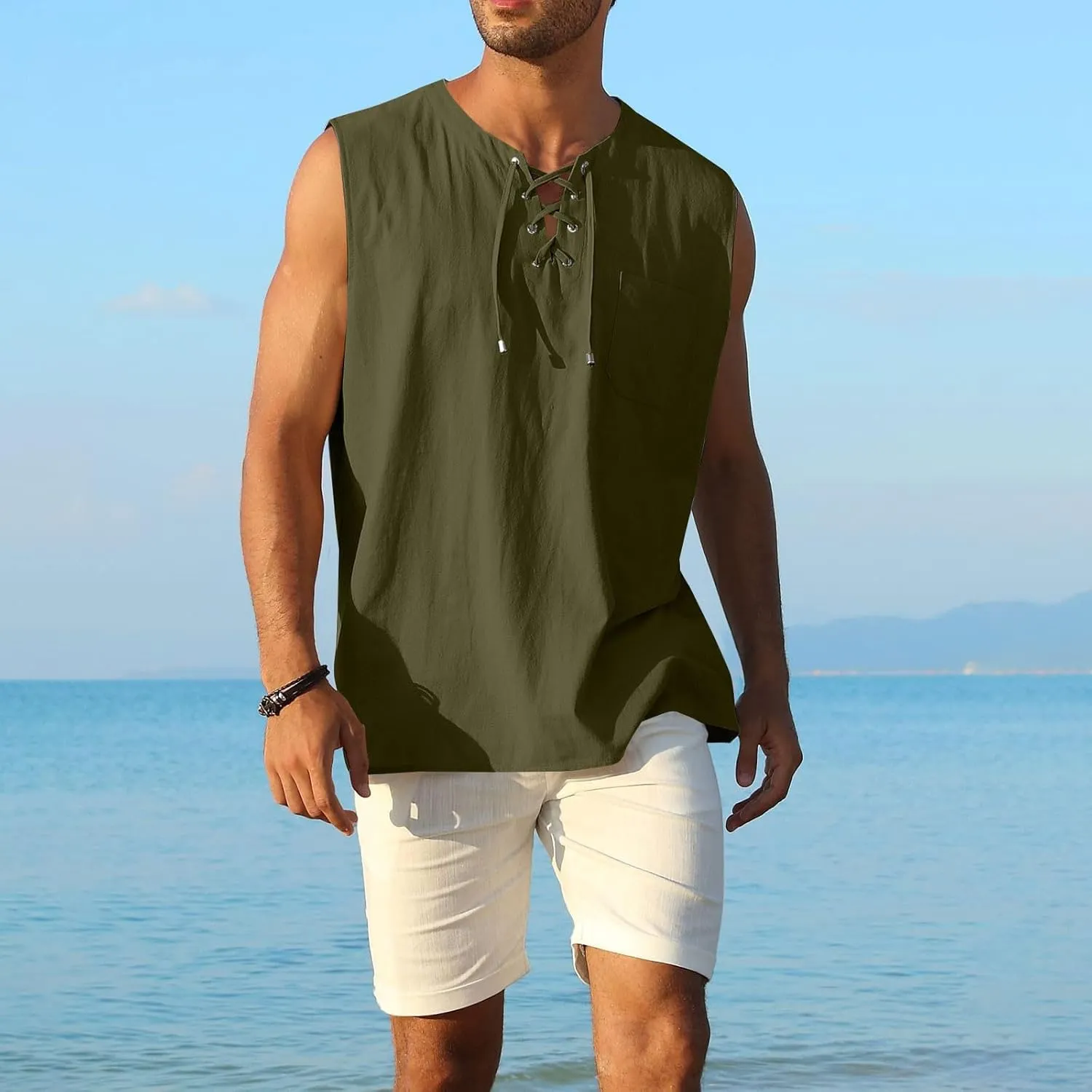 2 Pack Linen Shirts for Men Sleeveless Lace Up V Neck Tank Tops with Chest Pocket Casual Summer Beach Henley Shirt