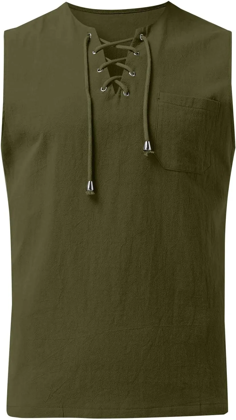 2 Pack Linen Shirts for Men Sleeveless Lace Up V Neck Tank Tops with Chest Pocket Casual Summer Beach Henley Shirt
