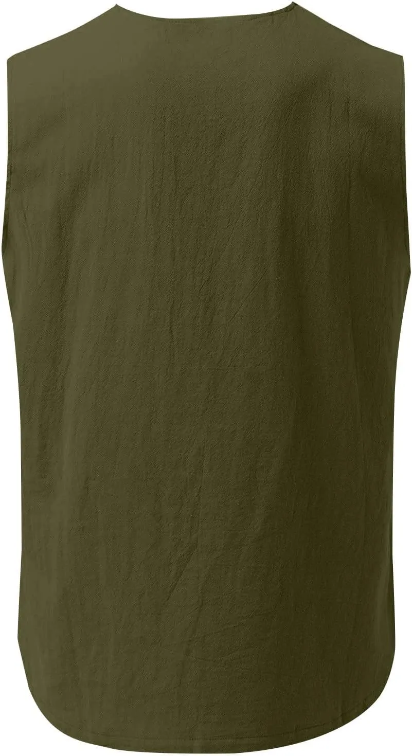 2 Pack Linen Shirts for Men Sleeveless Lace Up V Neck Tank Tops with Chest Pocket Casual Summer Beach Henley Shirt