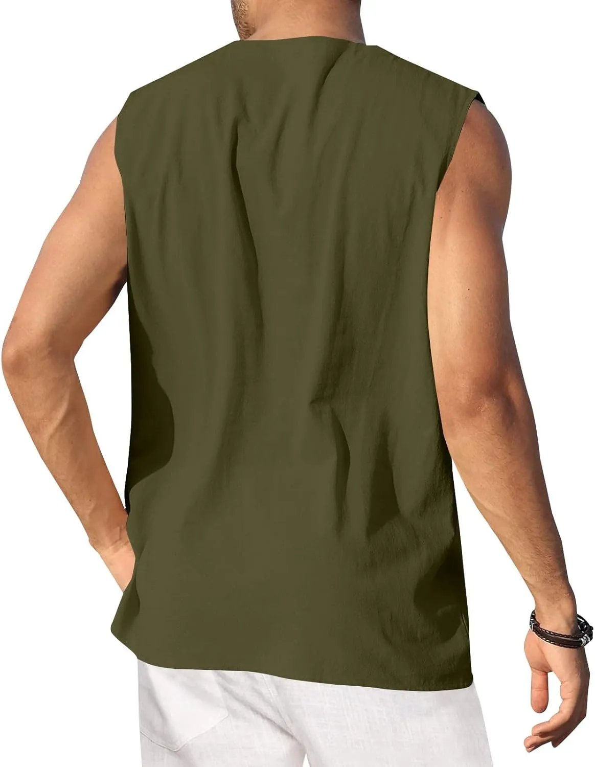 2 Pack Linen Shirts for Men Sleeveless Lace Up V Neck Tank Tops with Chest Pocket Casual Summer Beach Henley Shirt
