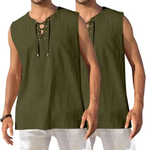 2 Pack Linen Shirts for Men Sleeveless Lace Up V Neck Tank Tops with Chest Pocket Casual Summer Beach Henley Shirt
