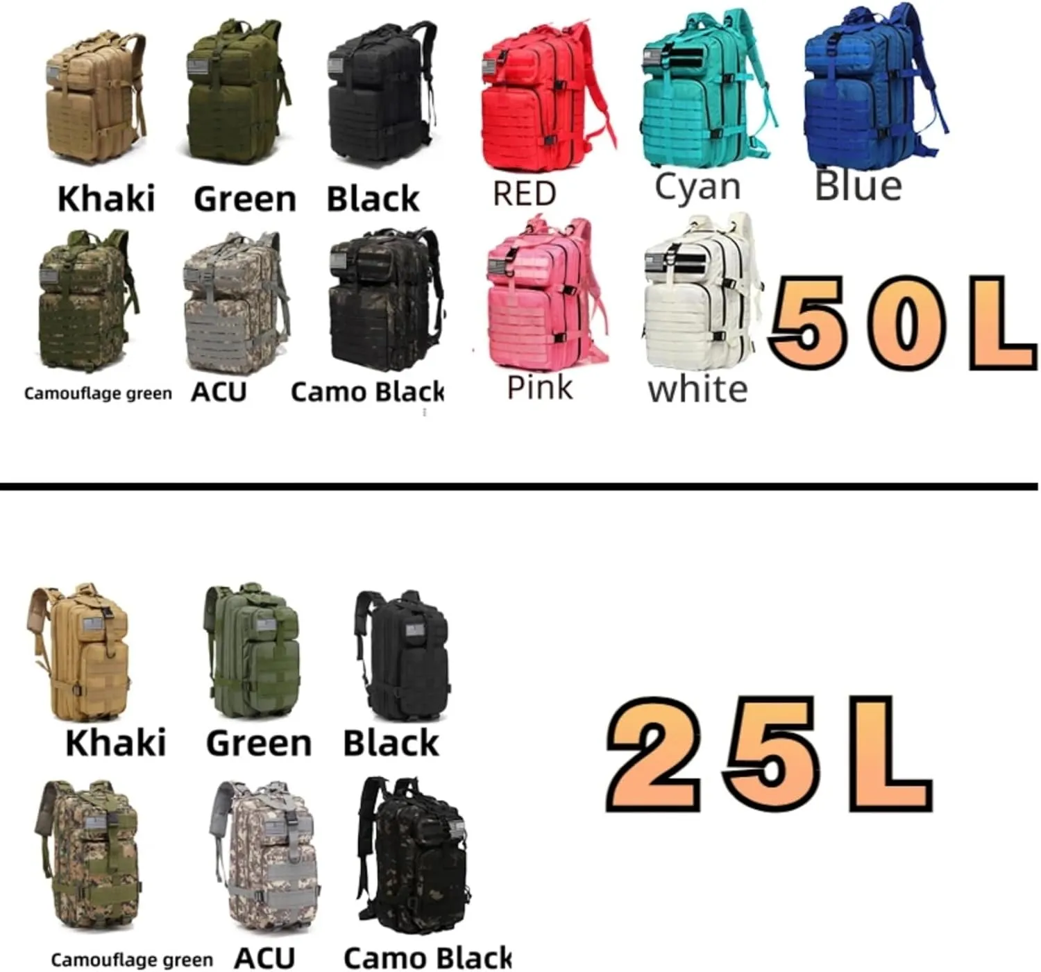 25L 50L Water-Resistant Nylon Backpack Outdoor Camping Hiking Trekking Durable Daypack Molle System (50L (Cyan))