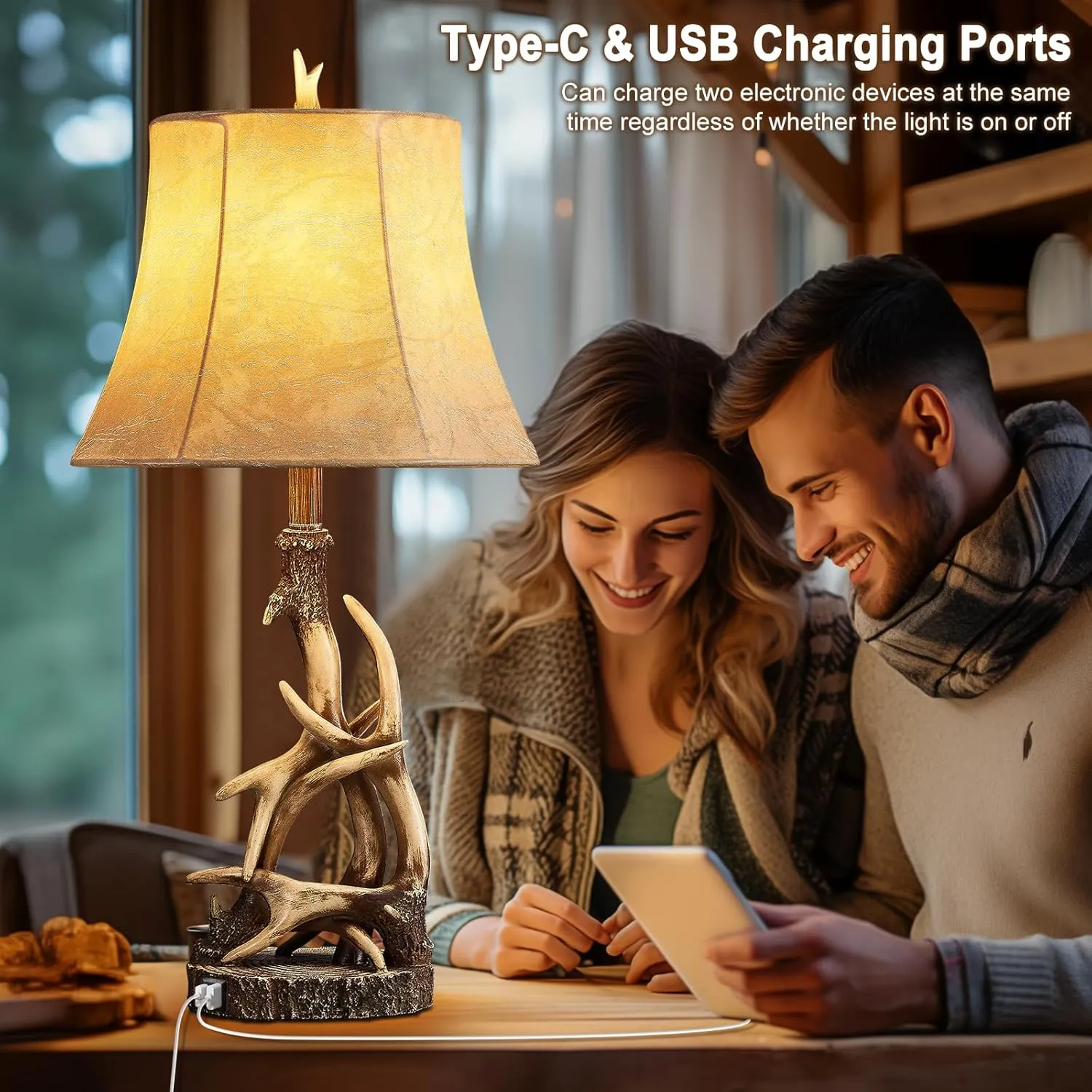27.25'' Rustic Antler Table Lamps for Living Room with USB A   C Charging Ports Western Cabin Bedside Lamps for Bedroom Nightstand Lamps with Faux Leather Lampshade, Single, Bulb Not Included