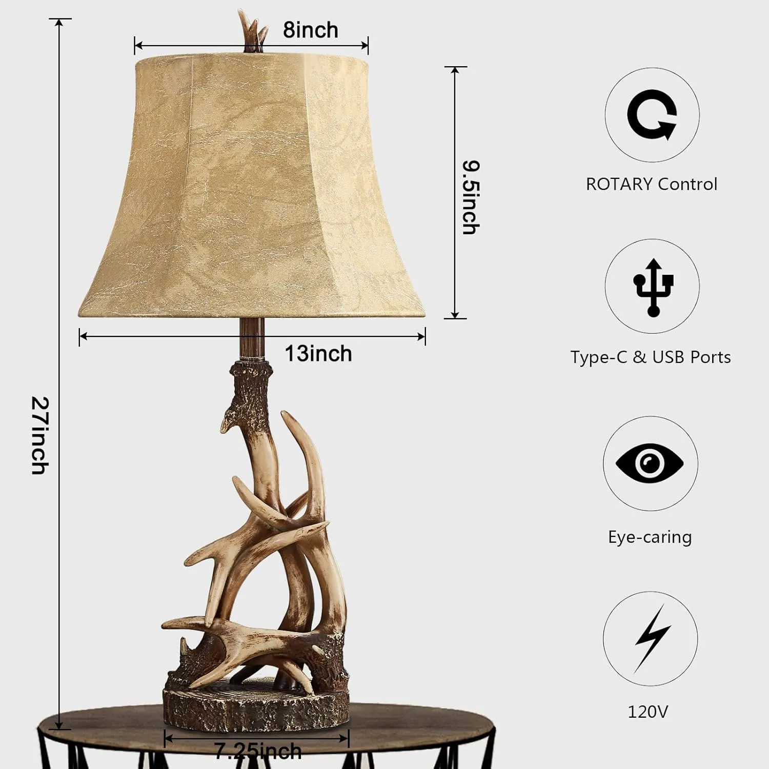 27.25'' Rustic Antler Table Lamps for Living Room with USB A   C Charging Ports Western Cabin Bedside Lamps for Bedroom Nightstand Lamps with Faux Leather Lampshade, Single, Bulb Not Included