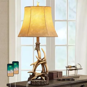 27.25'' Rustic Antler Table Lamps for Living Room with USB A   C Charging Ports Western Cabin Bedside Lamps for Bedroom Nightstand Lamps with Faux Leather Lampshade, Single, Bulb Not Included