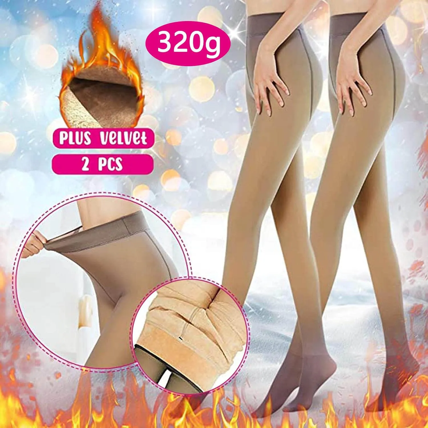 2PC Women Fleece Lined Tights Fake Translucent Leggings High Waist Stretch Pantyhose Sexy Warm Tights Comfort Pant