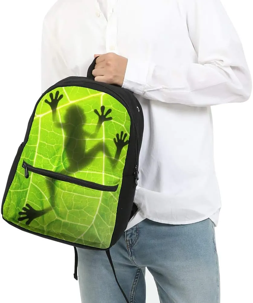 3D Animal Frog Shadow On Leaf Kids Backpacks School Girls Bookbag Shoulder Bag Casual Daypack 17 Inch Plus Laptop Bag for Unisex Teens Women 1-5th Grade