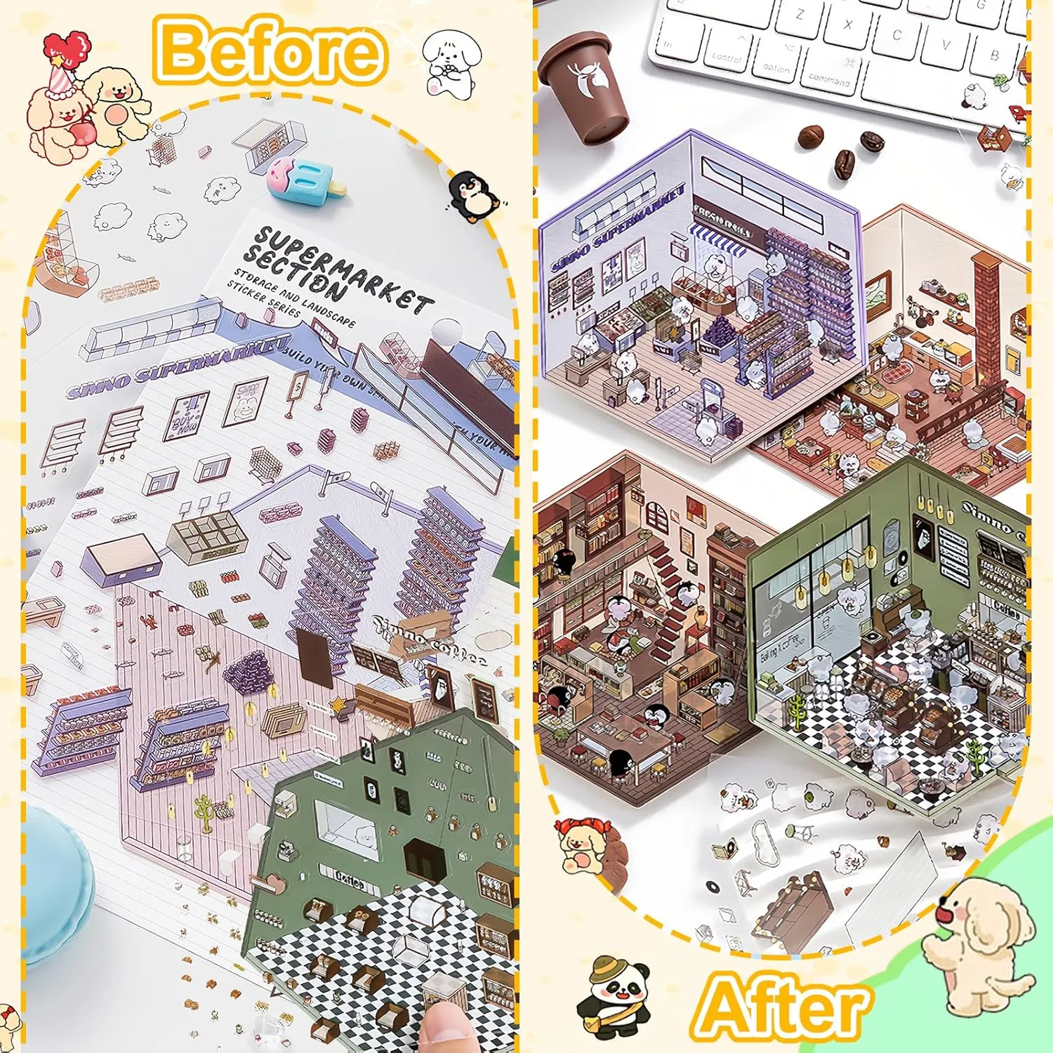 3D House Stickers, 36 Sets DIY Sticker Therapy for Adult Fun Cute Cartoon Stickers Scene Make Your Own Mini Room Scenes Miniature Supermarket for Relief Stress Pass The Time