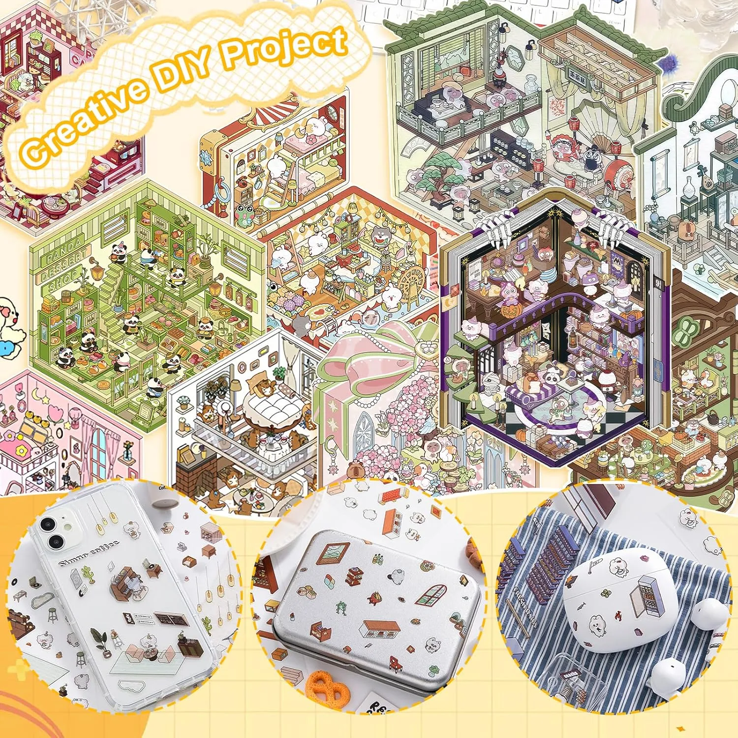 3D House Stickers, 36 Sets DIY Sticker Therapy for Adult Fun Cute Cartoon Stickers Scene Make Your Own Mini Room Scenes Miniature Supermarket for Relief Stress Pass The Time