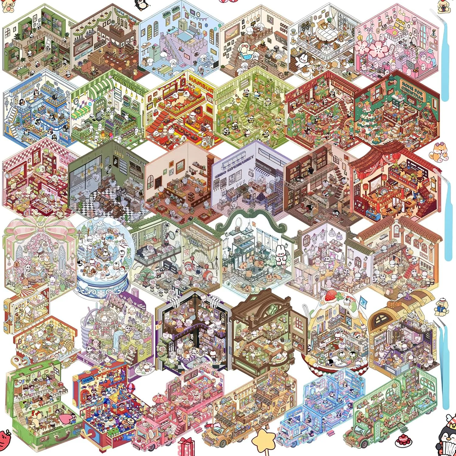 3D House Stickers, 36 Sets DIY Sticker Therapy for Adult Fun Cute Cartoon Stickers Scene Make Your Own Mini Room Scenes Miniature Supermarket for Relief Stress Pass The Time