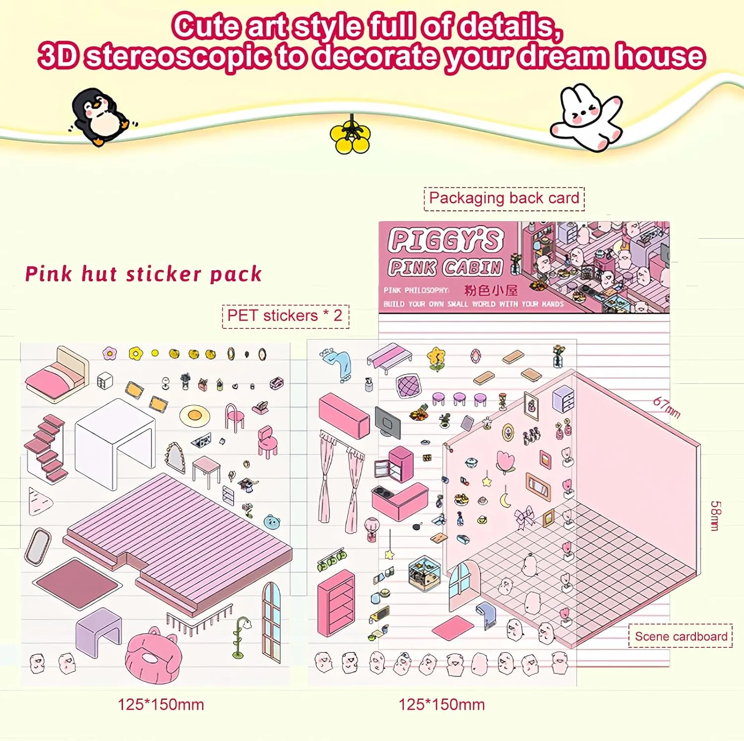 3D House Stickers, 36 Sets DIY Sticker Therapy for Adult Fun Cute Cartoon Stickers Scene Make Your Own Mini Room Scenes Miniature Supermarket for Relief Stress Pass The Time