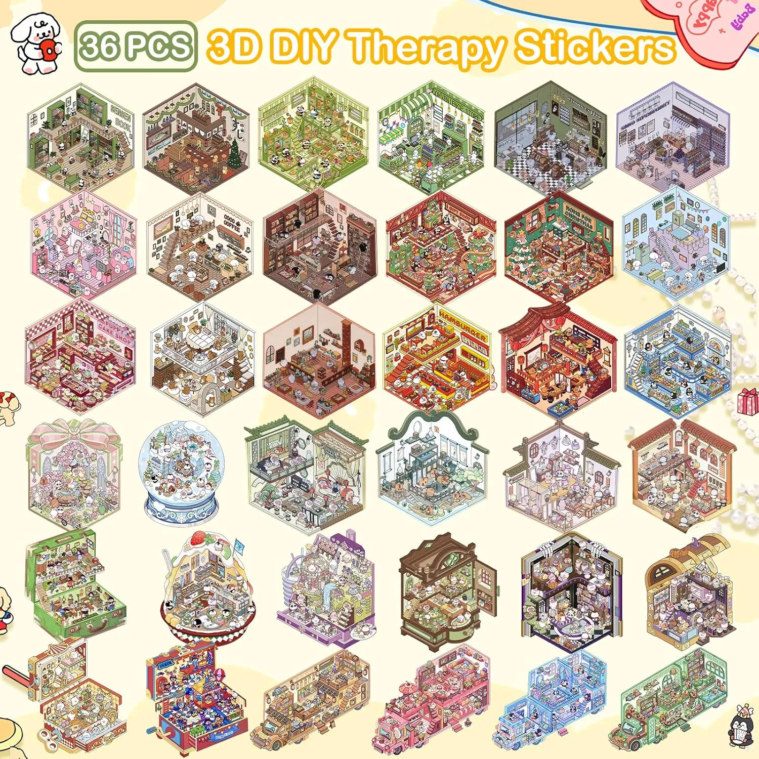 3D House Stickers, 36 Sets DIY Sticker Therapy for Adult Fun Cute Cartoon Stickers Scene Make Your Own Mini Room Scenes Miniature Supermarket for Relief Stress Pass The Time