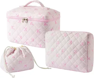 3Pcs Aesthetic Cotton Quilted Drawstring Makeup Bag Set, Aesthetic Cute Bow Makeup Pouch for Girls and Women, Aesthetic Travel Organized Cosmetic Bags for Purse(03Small Pink Bow)
