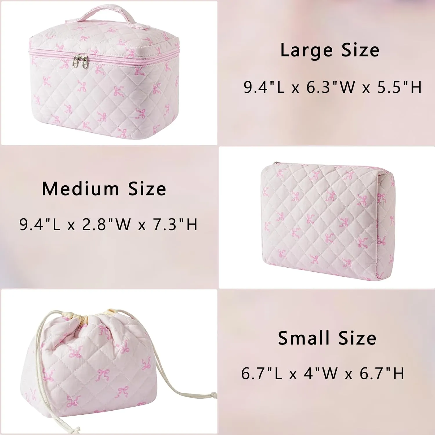 3Pcs Aesthetic Cotton Quilted Drawstring Makeup Bag Set, Aesthetic Cute Bow Makeup Pouch for Girls and Women, Aesthetic Travel Organized Cosmetic Bags for Purse(03Small Pink Bow)