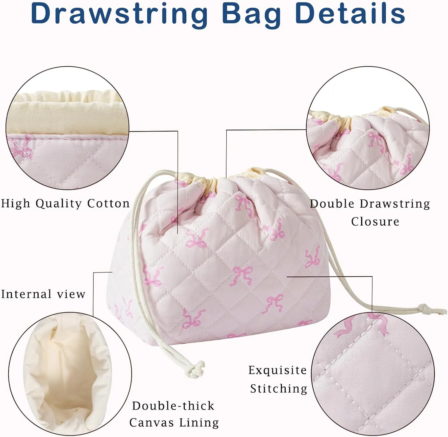 3Pcs Aesthetic Cotton Quilted Drawstring Makeup Bag Set, Aesthetic Cute Bow Makeup Pouch for Girls and Women, Aesthetic Travel Organized Cosmetic Bags for Purse(03Small Pink Bow)