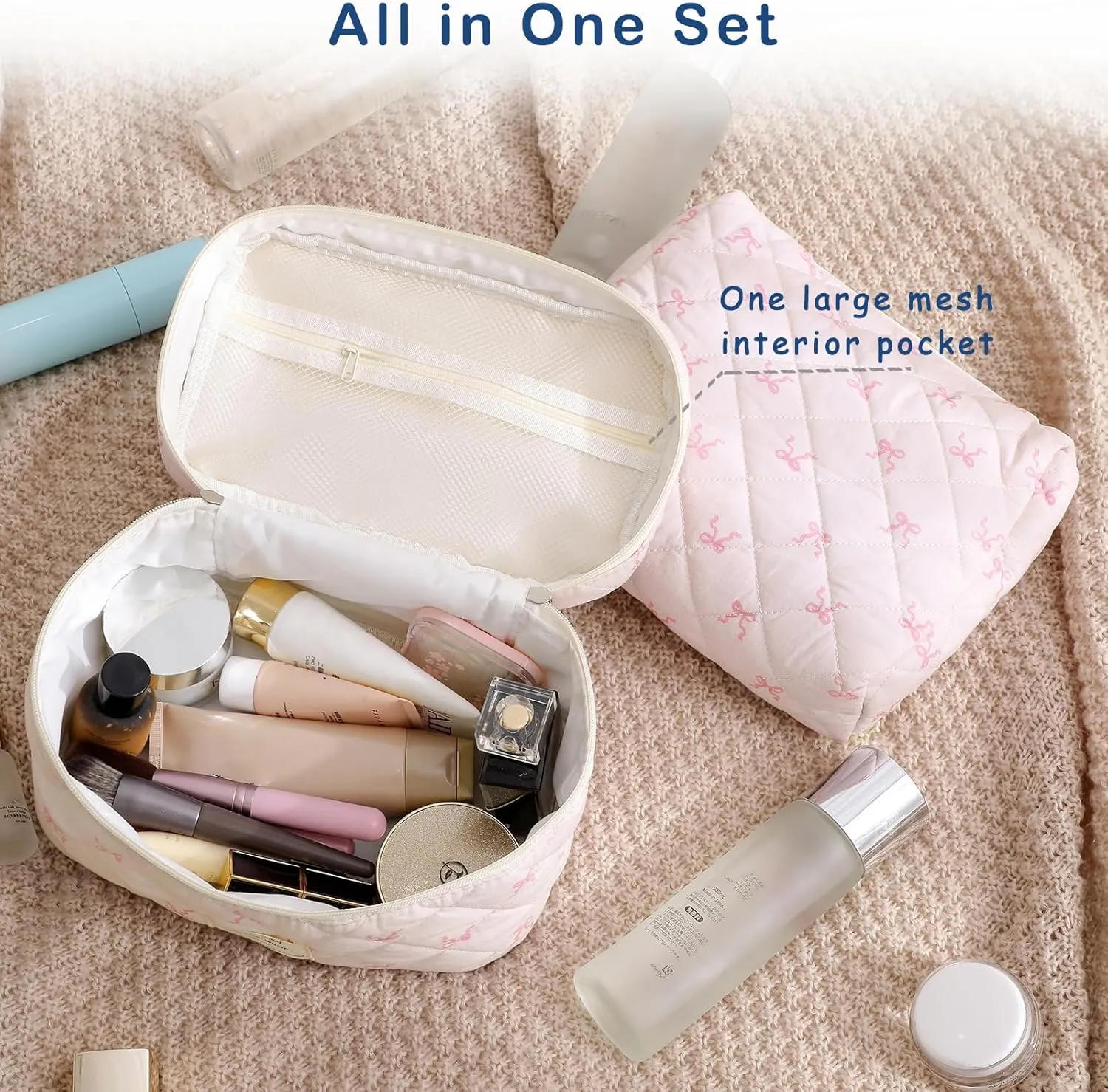 3Pcs Aesthetic Cotton Quilted Drawstring Makeup Bag Set, Aesthetic Cute Bow Makeup Pouch for Girls and Women, Aesthetic Travel Organized Cosmetic Bags for Purse(03Small Pink Bow)