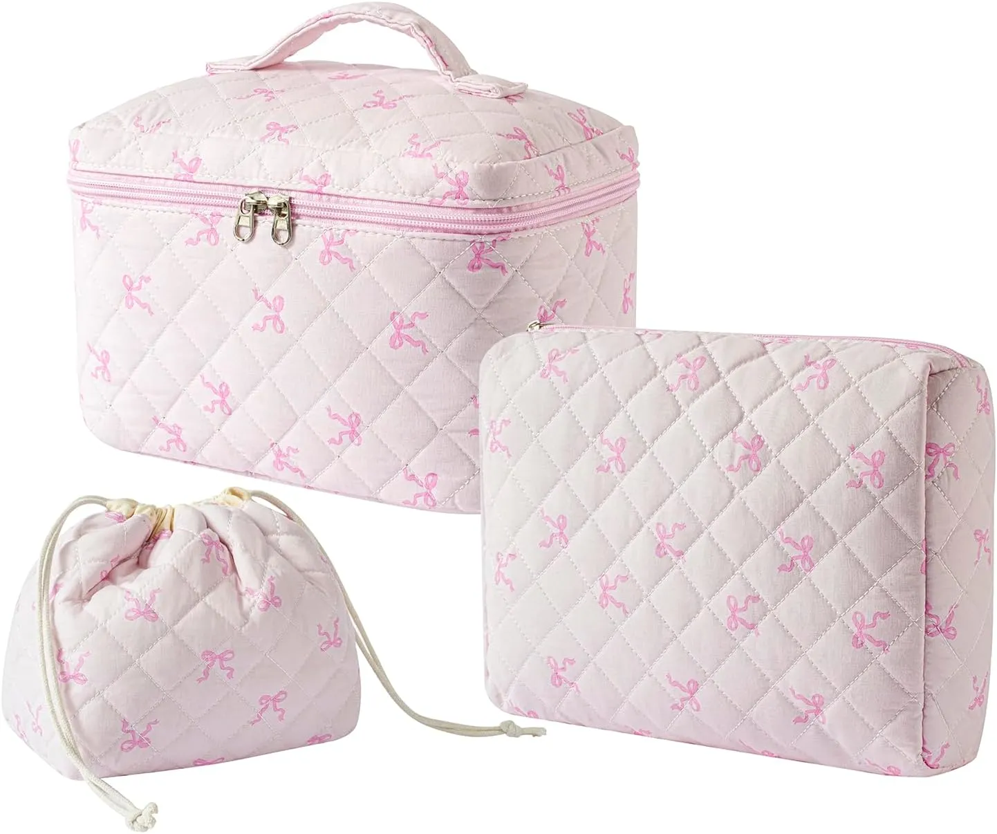 3Pcs Aesthetic Cotton Quilted Drawstring Makeup Bag Set, Aesthetic Cute Bow Makeup Pouch for Girls and Women, Aesthetic Travel Organized Cosmetic Bags for Purse(03Small Pink Bow)
