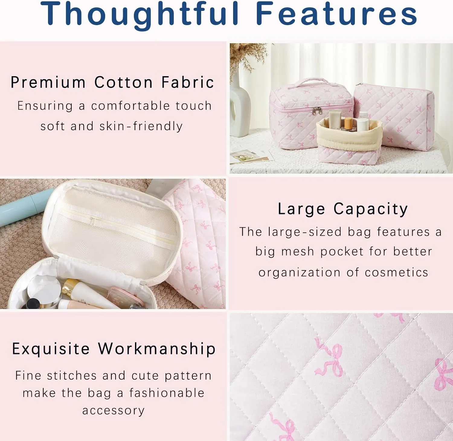 3Pcs Aesthetic Cotton Quilted Drawstring Makeup Bag Set, Aesthetic Cute Bow Makeup Pouch for Girls and Women, Aesthetic Travel Organized Cosmetic Bags for Purse(03Small Pink Bow)