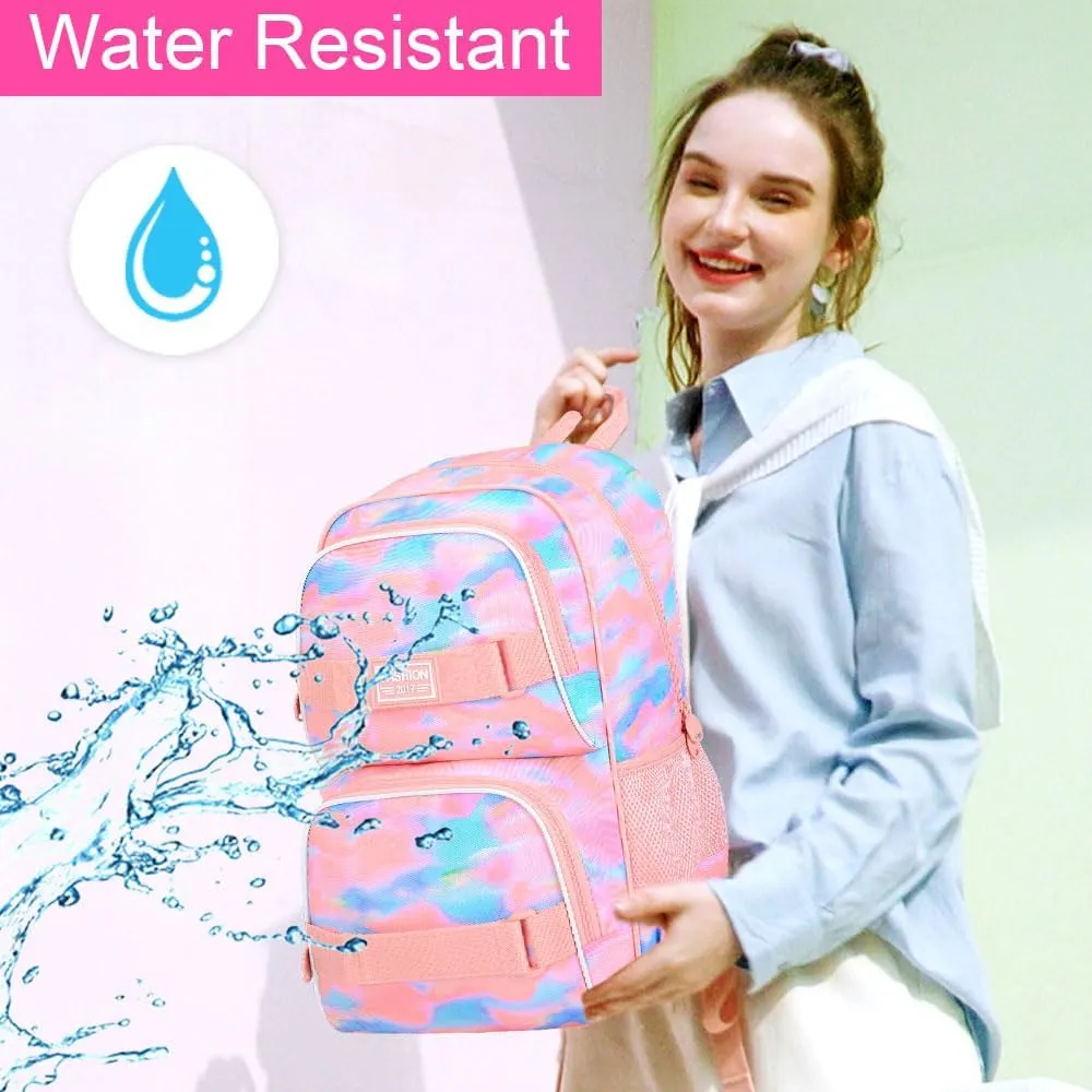 3Pcs Backpack for Girls Women, 17 Inches Tie-dye College School Bookbag Set for Teens Students, Water Resistant Laptop Backpacks with Lunch Bag(Pink)