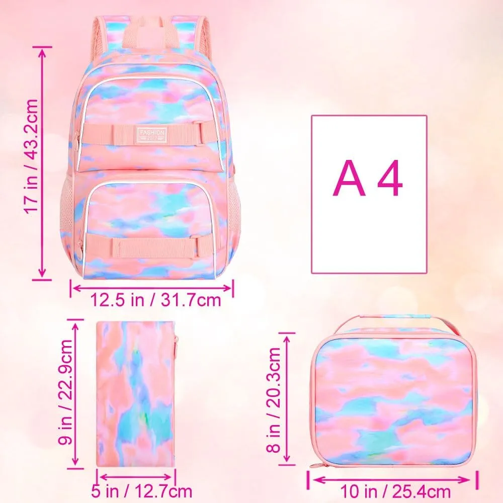 3Pcs Backpack for Girls Women, 17 Inches Tie-dye College School Bookbag Set for Teens Students, Water Resistant Laptop Backpacks with Lunch Bag(Pink)
