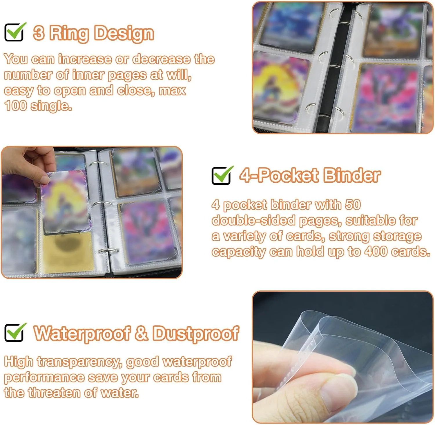 4 Pocket Card Binder, Trading Card Binder Fits 400 Cards with 50 Removable Sleeves, Waterproof Card Holder Album for MTG, TCG, Game Cards & Baseball Sports Cards, Collectors Boys Girls Gift