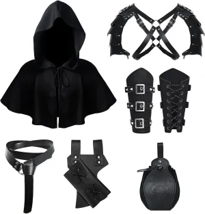 6 Pcs Medieval Knight Accessories Renaissance Viking Belt Pouch Arm Bracers Sword Frog Cape,Double Shoulder Armor