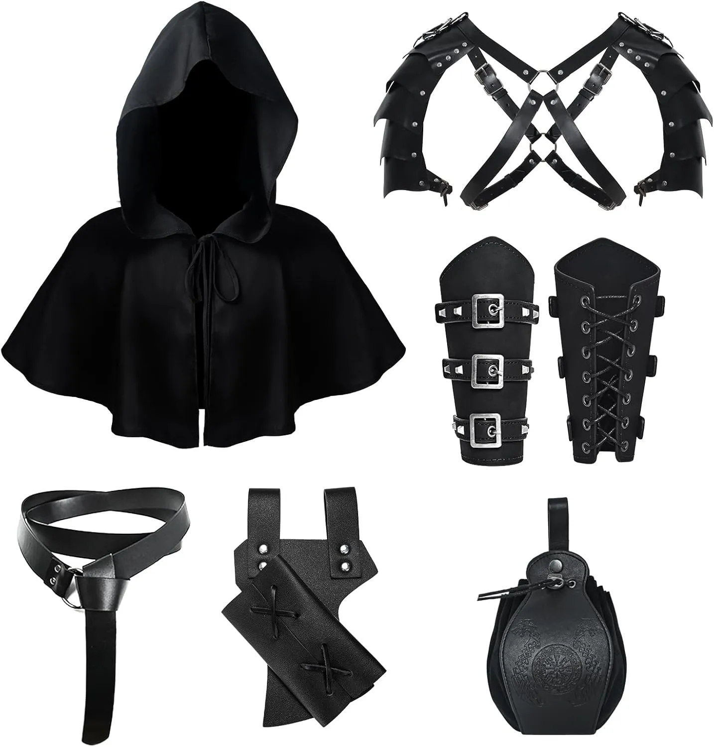 6 Pcs Medieval Knight Accessories Renaissance Viking Belt Pouch Arm Bracers Sword Frog Cape,Double Shoulder Armor