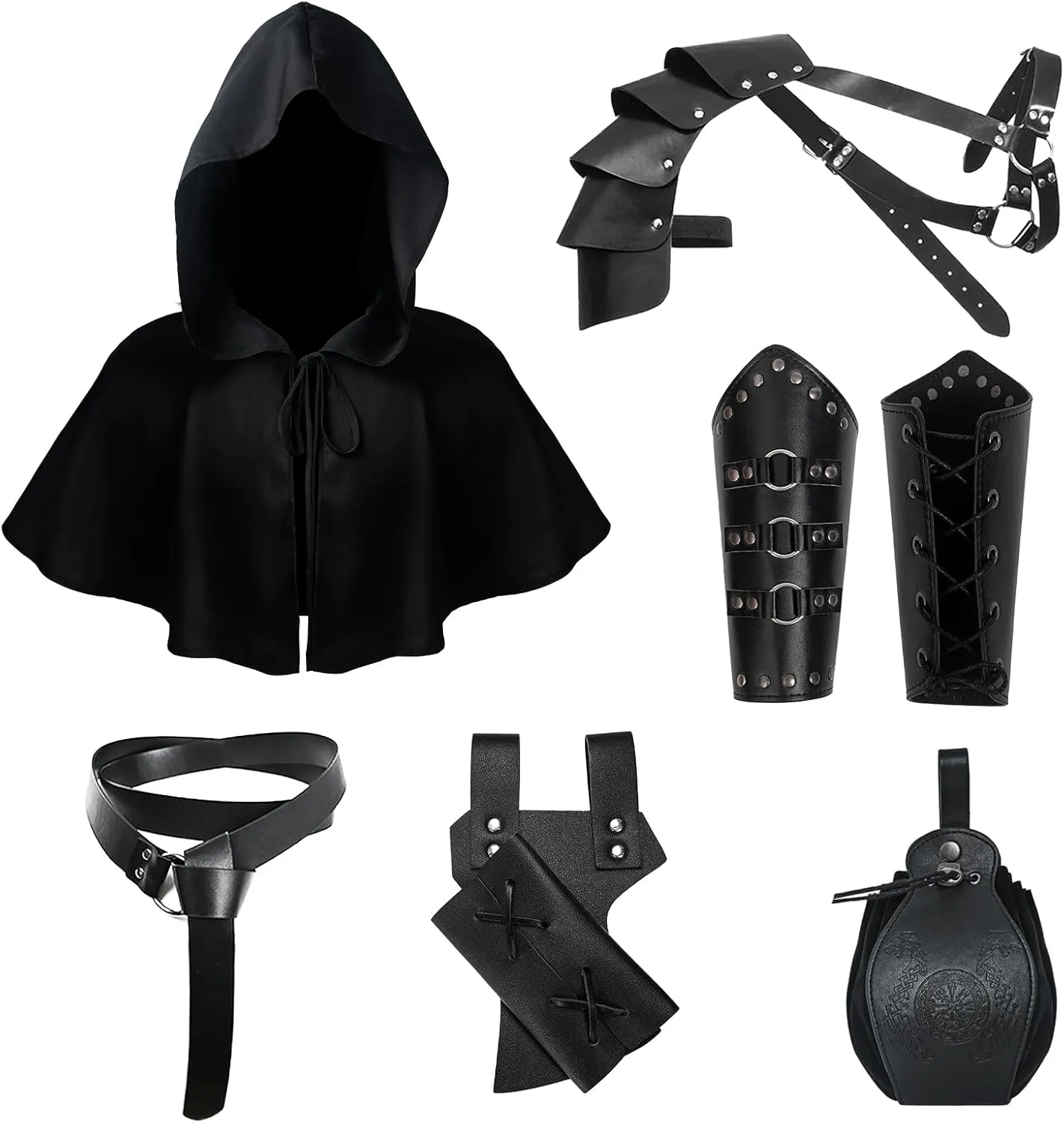 6 Pcs Medieval Knight Accessories Renaissance Viking Belt Pouch Arm Bracers Sword Frog Cape,Half Shoulder Armor