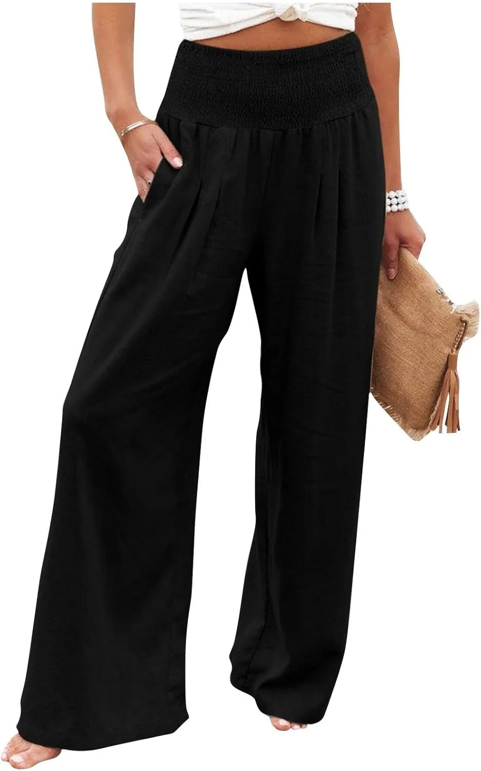 A Mazon Com,Linen Pants Women Casual Summer Pants 2024 Trendy High Waisted Wide Leg Pants Woman Lounge Baggy Palazzo Pants Flowy Comfy Trousers Pants Womens Clothes Trendy Spring(A Black,X-Large)