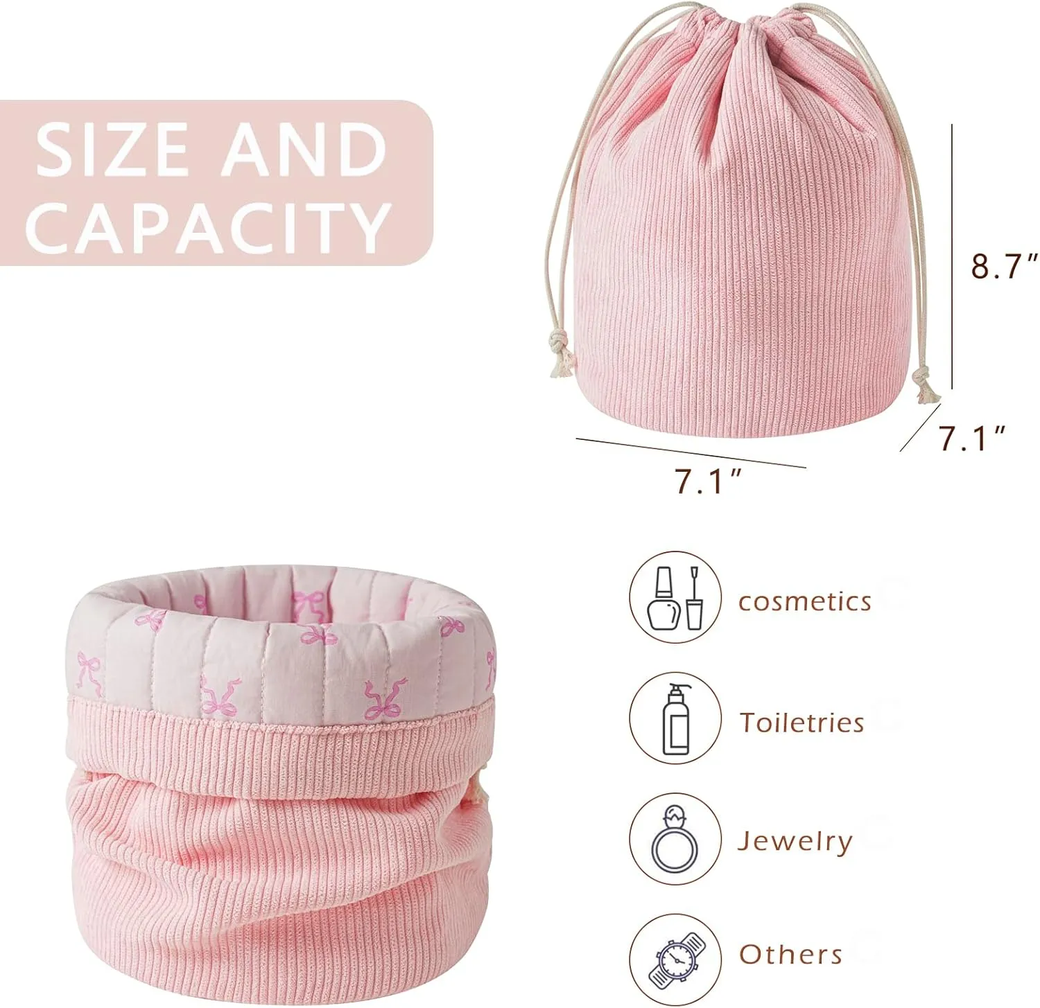 Aesthetic Corduroy Drawstring Makeup Bag with Quilted Lining, Coquette Quilted Cotton Cosmetic Bag, Portable Travel Organized Toiletry Bag for Women Girls（02Pink Small Bow）