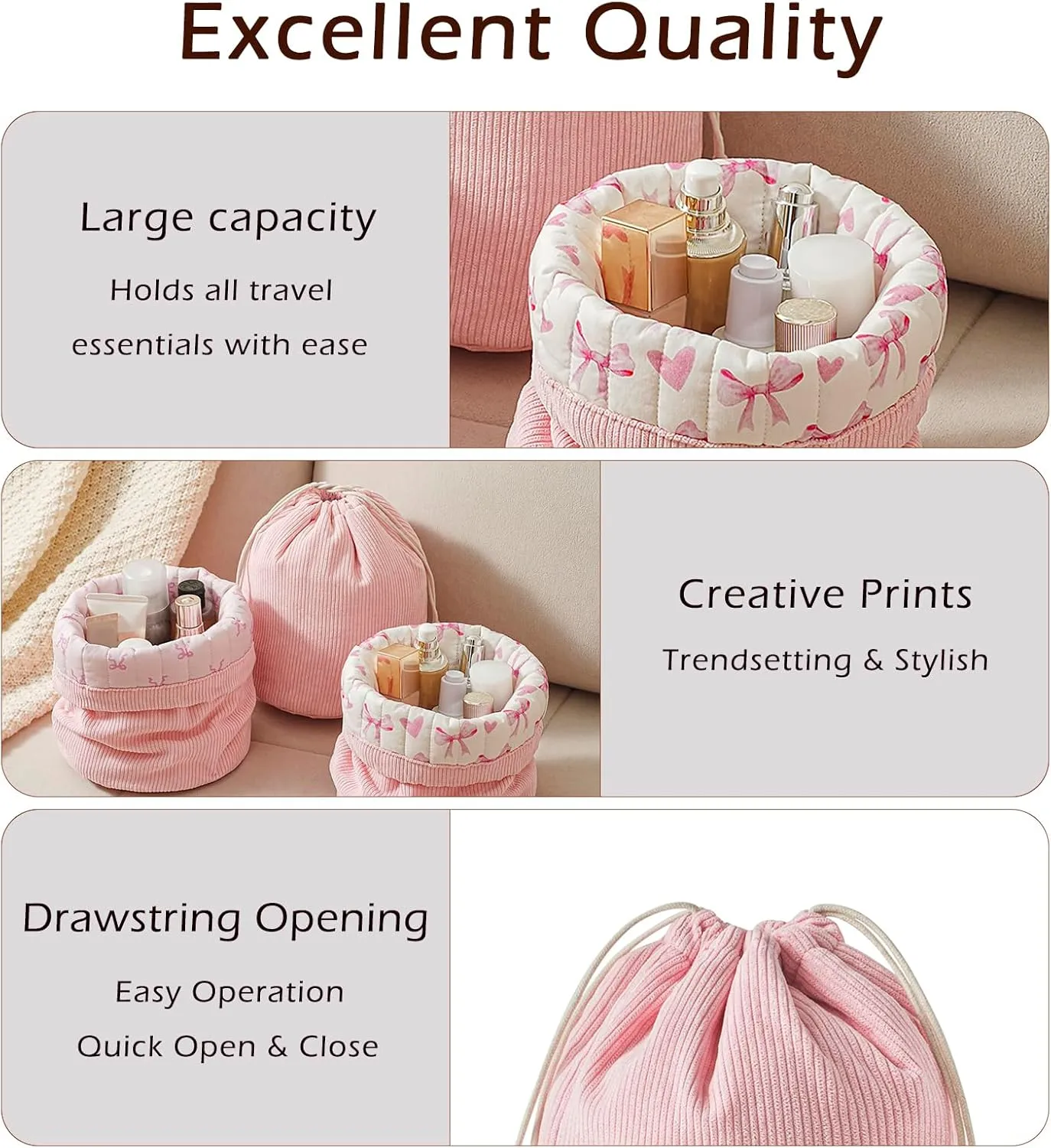 Aesthetic Corduroy Drawstring Makeup Bag with Quilted Lining, Coquette Quilted Cotton Cosmetic Bag, Portable Travel Organized Toiletry Bag for Women Girls（02Pink Small Bow）