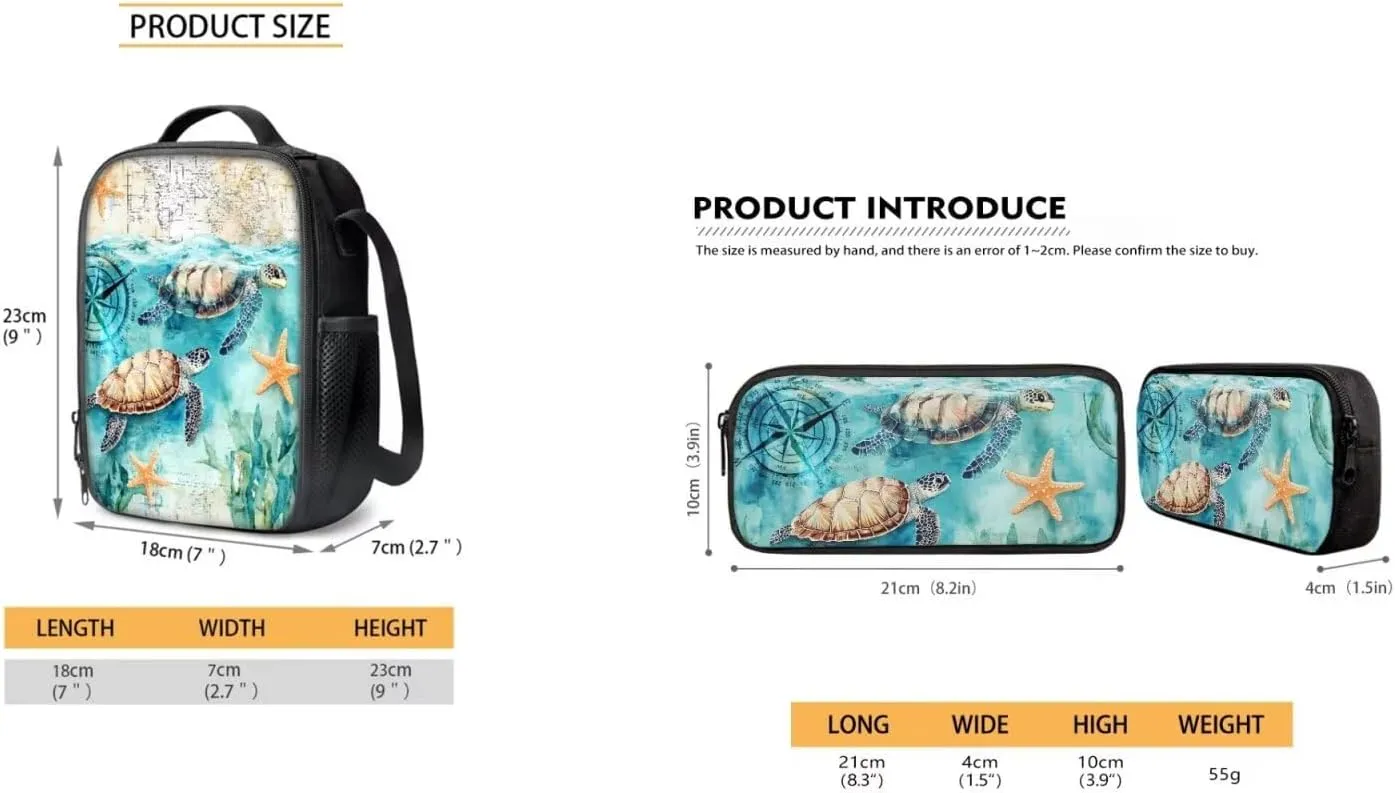 AFPANQZ Cartoon Sea Turtle Print Kids Backpack Set Reusable Insulated Lunch Bags   School Backpack Laptop Bookbag   Portable Pencil Bag Pouch Unisex Kids School Supplies Organizer Daypack
