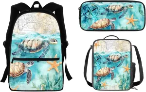 AFPANQZ Cartoon Sea Turtle Print Kids Backpack Set Reusable Insulated Lunch Bags   School Backpack Laptop Bookbag   Portable Pencil Bag Pouch Unisex Kids School Supplies Organizer Daypack