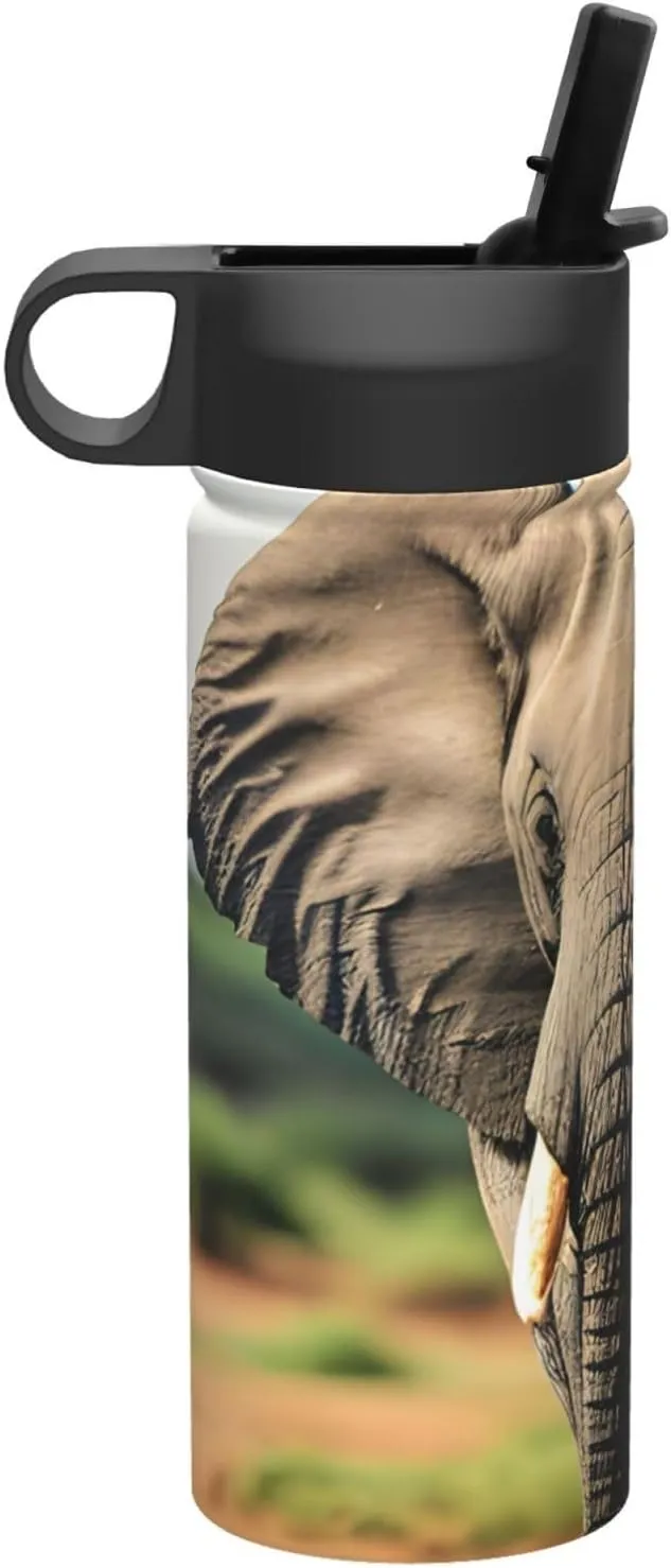 African Elephant Print Flask Stainless Steel Water Bottle with Straw 18OZ FOR Outdoor Gym Commute