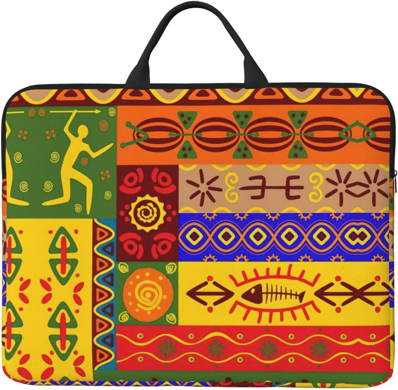 African National Patterns 14in Laptop Case Sleeve Bag – Shoulder Messenger Briefcase Carrying Handle and Accessory Pocket