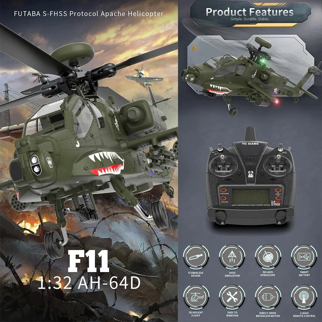 AH64 Remote Control Helicopter, Ultra-high Simulated RC Helicopter, 1/32 Scale 2.4G 6CH RC Electric Airplane Model, Collectable RC Flying Helicopte for Adults - RTF