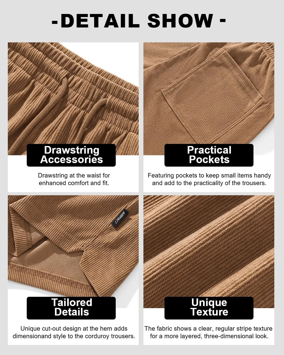 AIMPACT Mens Corduroy Shorts 5/6 Inseam Casual Elastic Waist Drawstring Summer Beach Shorts for Men with Pockets