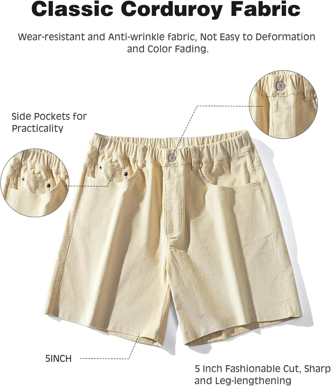 AIMPACT Mens Corduroy Shorts 5/6 Inseam Casual Elastic Waist Drawstring Summer Beach Shorts for Men with Pockets