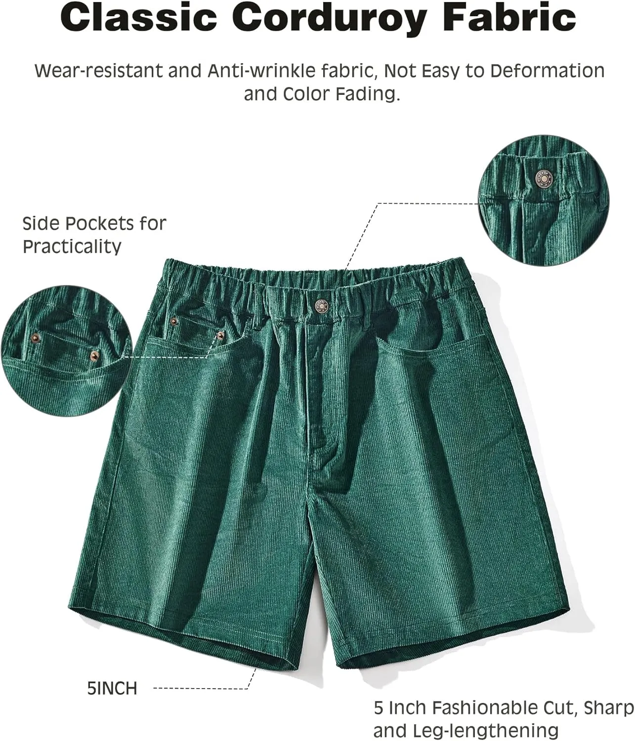 AIMPACT Mens Corduroy Shorts 5/6 Inseam Casual Elastic Waist Drawstring Summer Beach Shorts for Men with Pockets