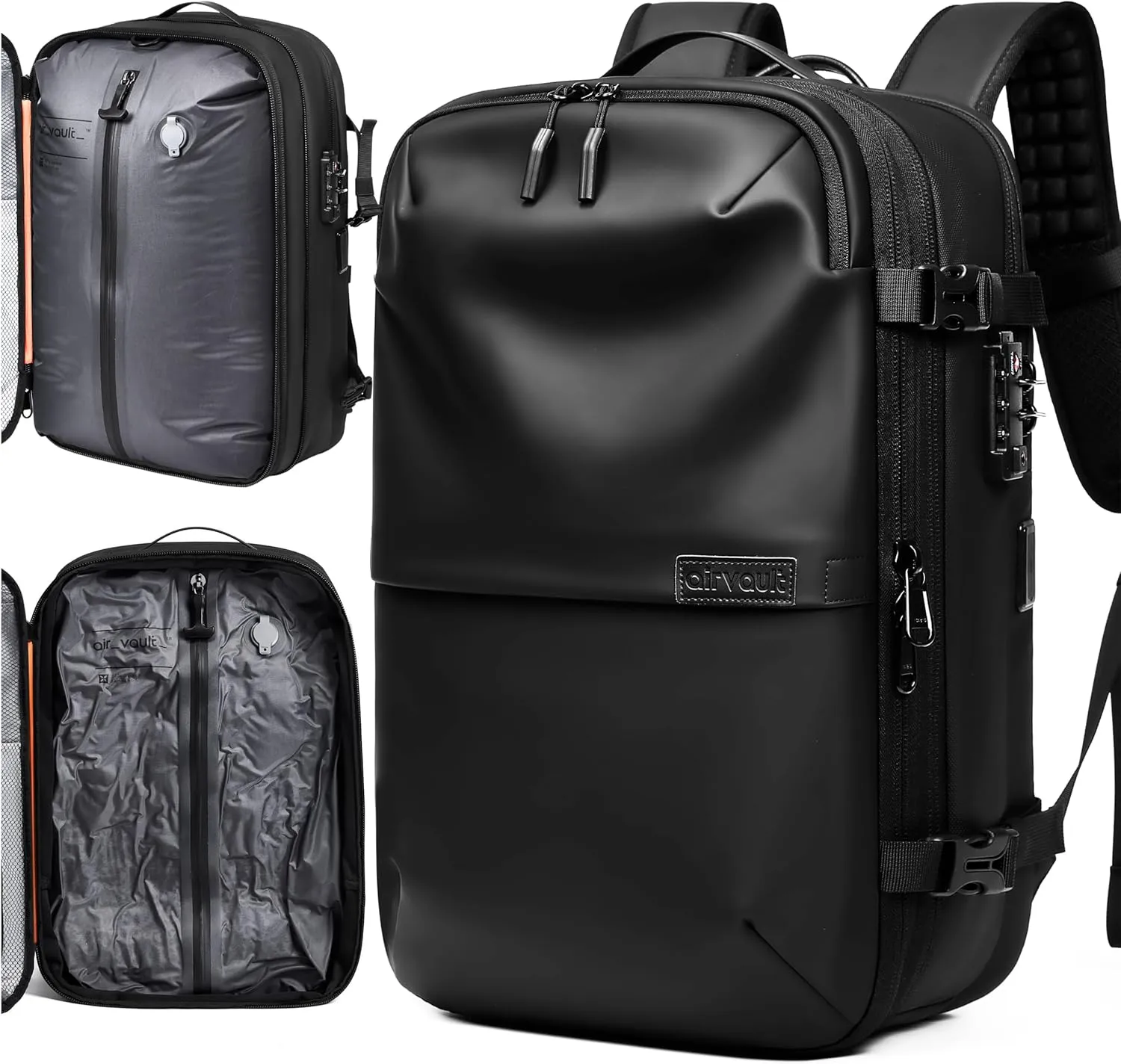 AirVault Vacuum Seal Travel Backpack 60L - Expandable Air Compression Vacuum System, Airback, Vacpack, Water-Resistant, Carry-On with TSA Lock Fits 19" Laptop, Backvac (Black)
