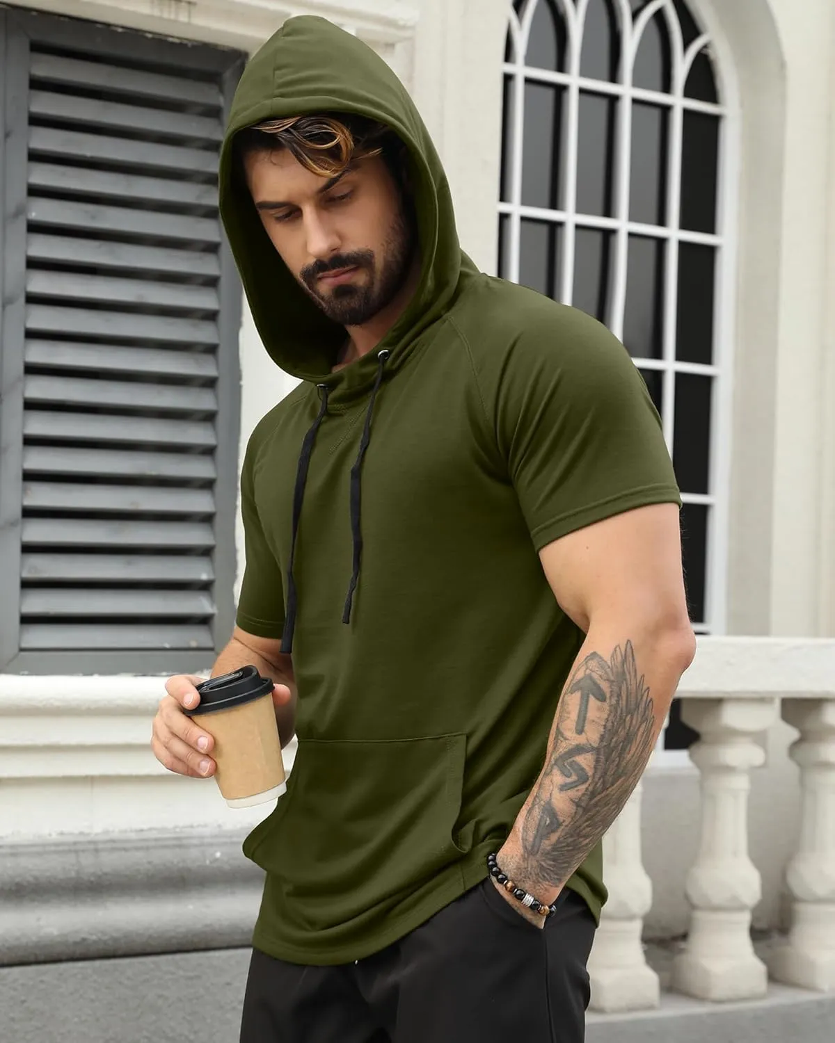Aiyino Men's Short Sleeve Hoodie Workout Gym Sweatshirt Muscle Fit Fashion Athletic Hoodies Pullover Hooded T-Shirts