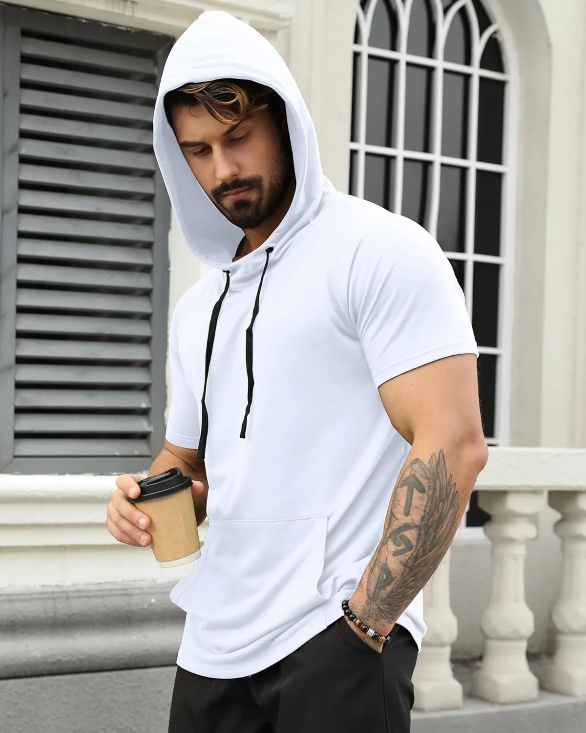 Aiyino Men's Short Sleeve Hoodie Workout Gym Sweatshirt Muscle Fit Fashion Athletic Hoodies Pullover Hooded T-Shirts
