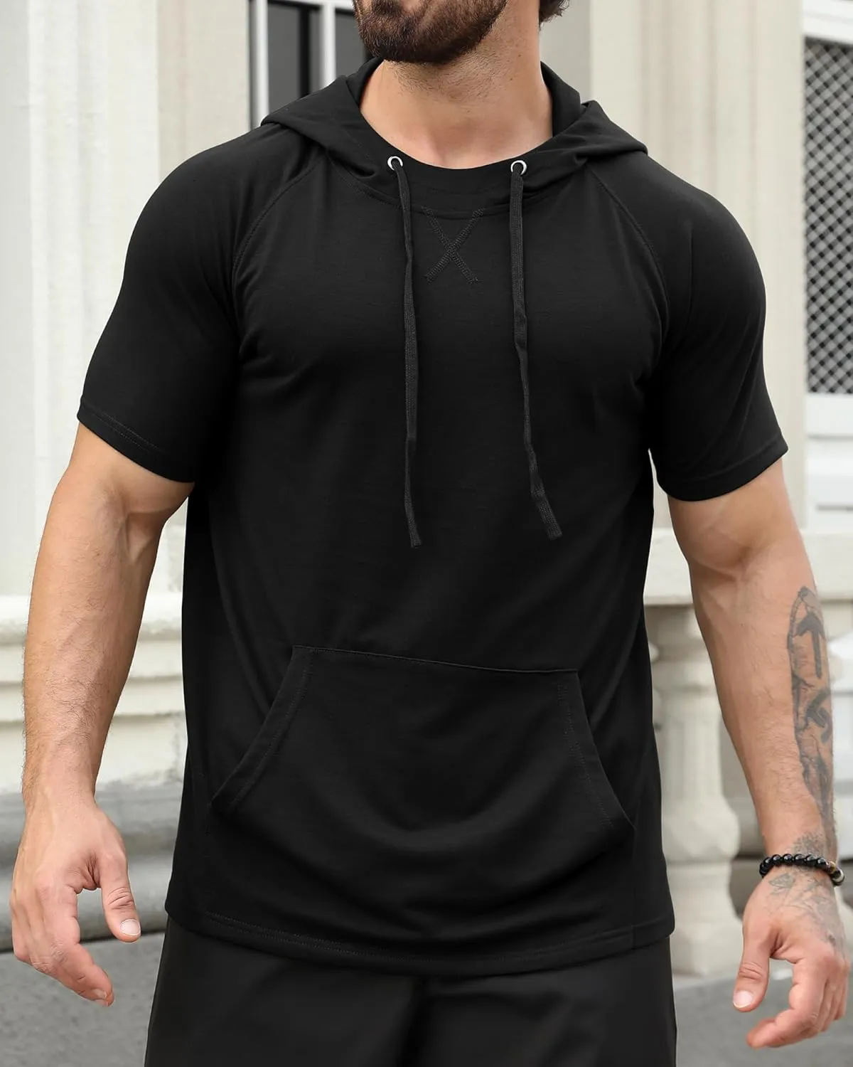 Aiyino Men's Short Sleeve Hoodie Workout Gym Sweatshirt Muscle Fit Fashion Athletic Hoodies Pullover Hooded T-Shirts