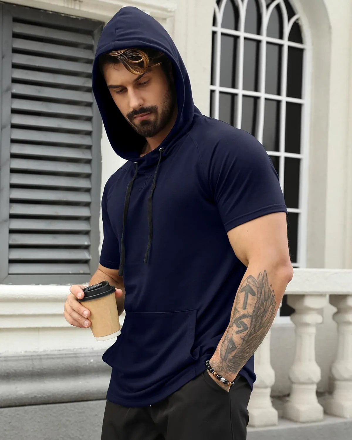 Aiyino Men's Short Sleeve Hoodie Workout Gym Sweatshirt Muscle Fit Fashion Athletic Hoodies Pullover Hooded T-Shirts