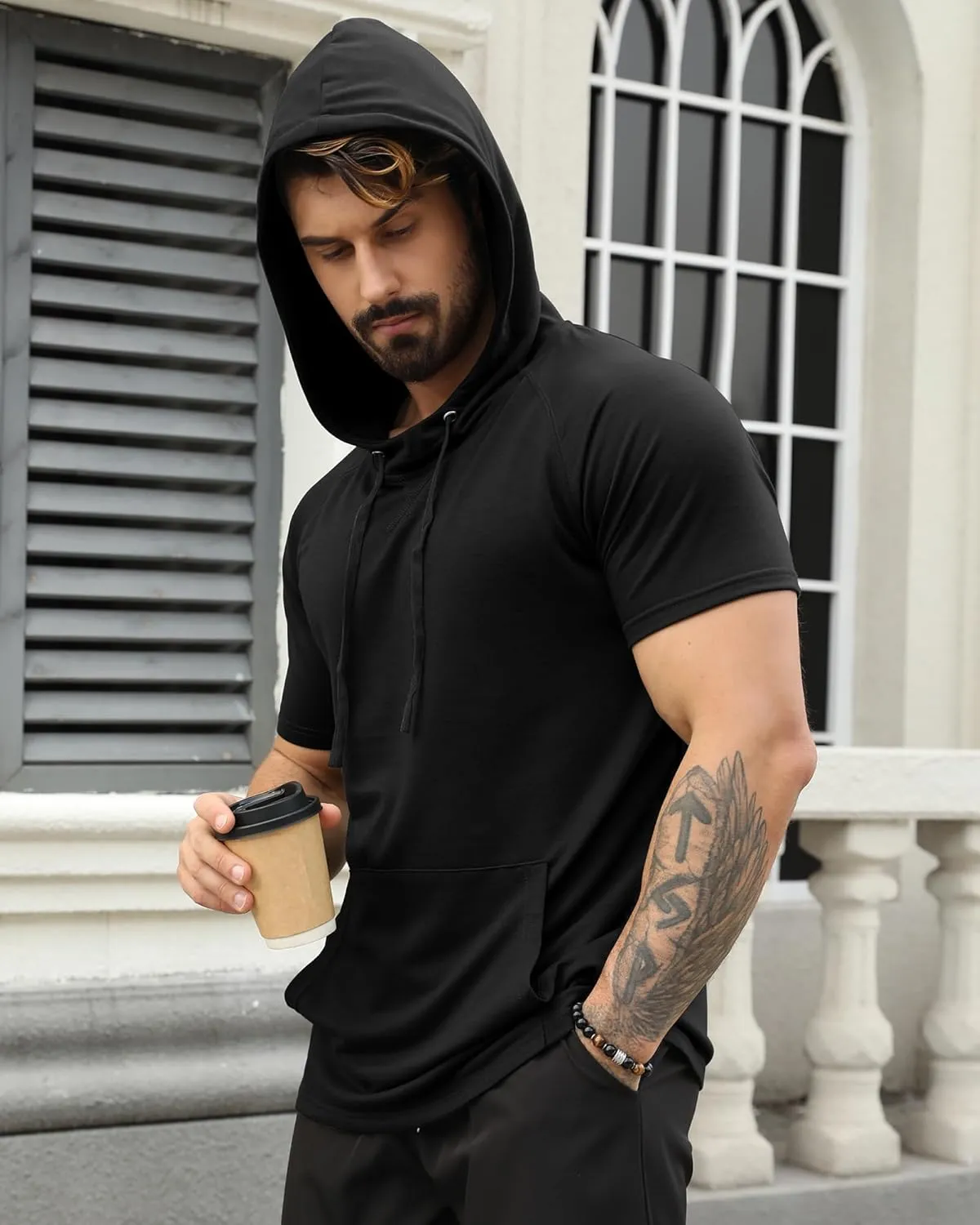 Aiyino Men's Short Sleeve Hoodie Workout Gym Sweatshirt Muscle Fit Fashion Athletic Hoodies Pullover Hooded T-Shirts
