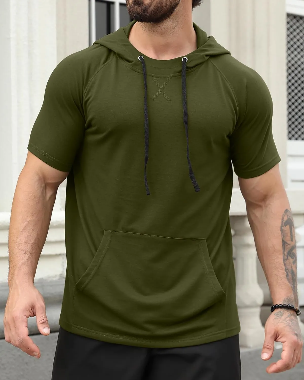 Aiyino Men's Short Sleeve Hoodie Workout Gym Sweatshirt Muscle Fit Fashion Athletic Hoodies Pullover Hooded T-Shirts