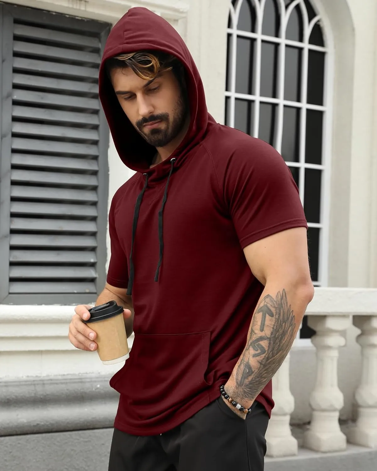 Aiyino Men's Short Sleeve Hoodie Workout Gym Sweatshirt Muscle Fit Fashion Athletic Hoodies Pullover Hooded T-Shirts