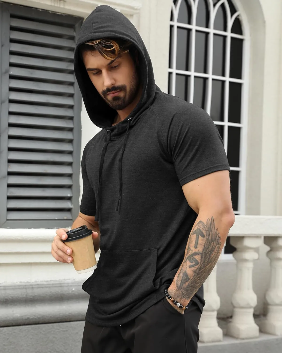 Aiyino Men's Short Sleeve Hoodie Workout Gym Sweatshirt Muscle Fit Fashion Athletic Hoodies Pullover Hooded T-Shirts
